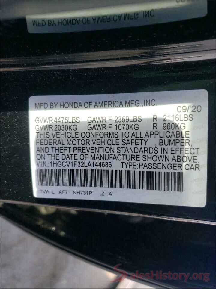 1HGCV1F32LA144686 2020 HONDA ACCORD