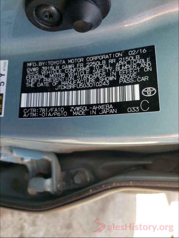 JTDKBRFU5G3010243 2016 TOYOTA PRIUS