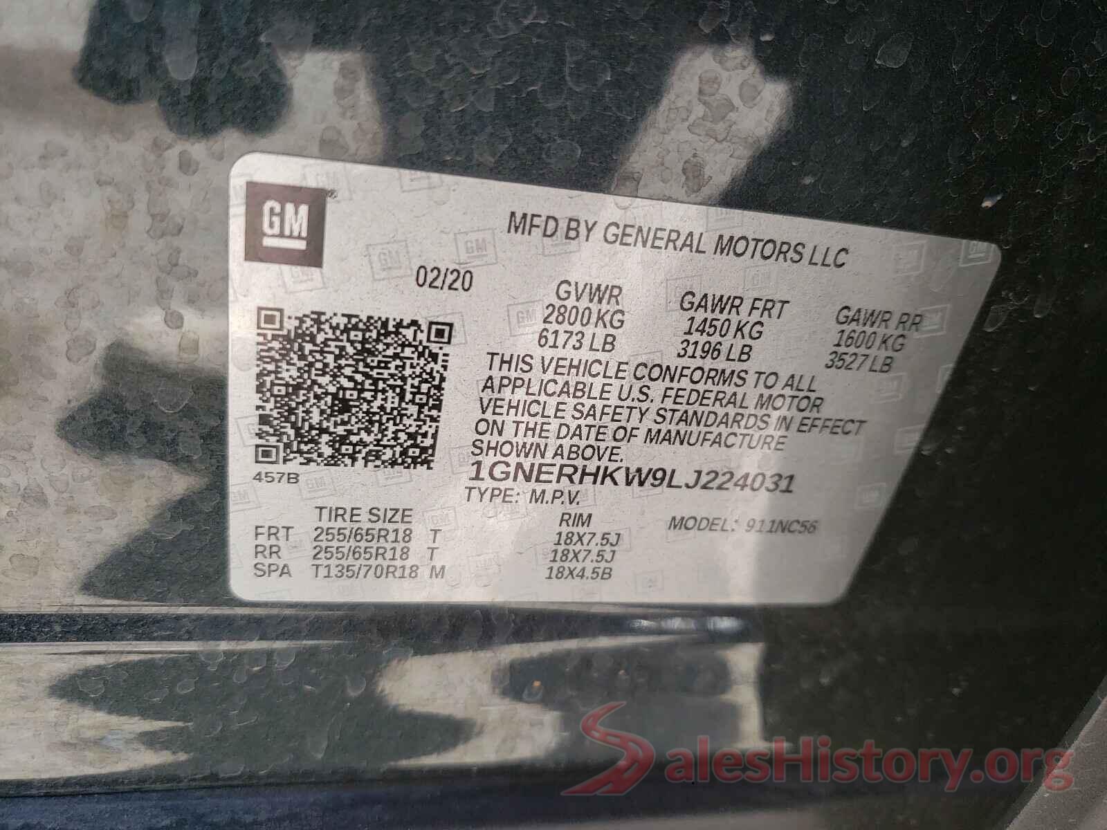 1GNERHKW9LJ224031 2020 CHEVROLET TRAVERSE