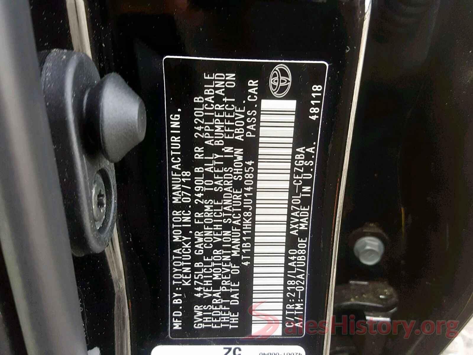 4T1B11HK8JU140854 2018 TOYOTA CAMRY