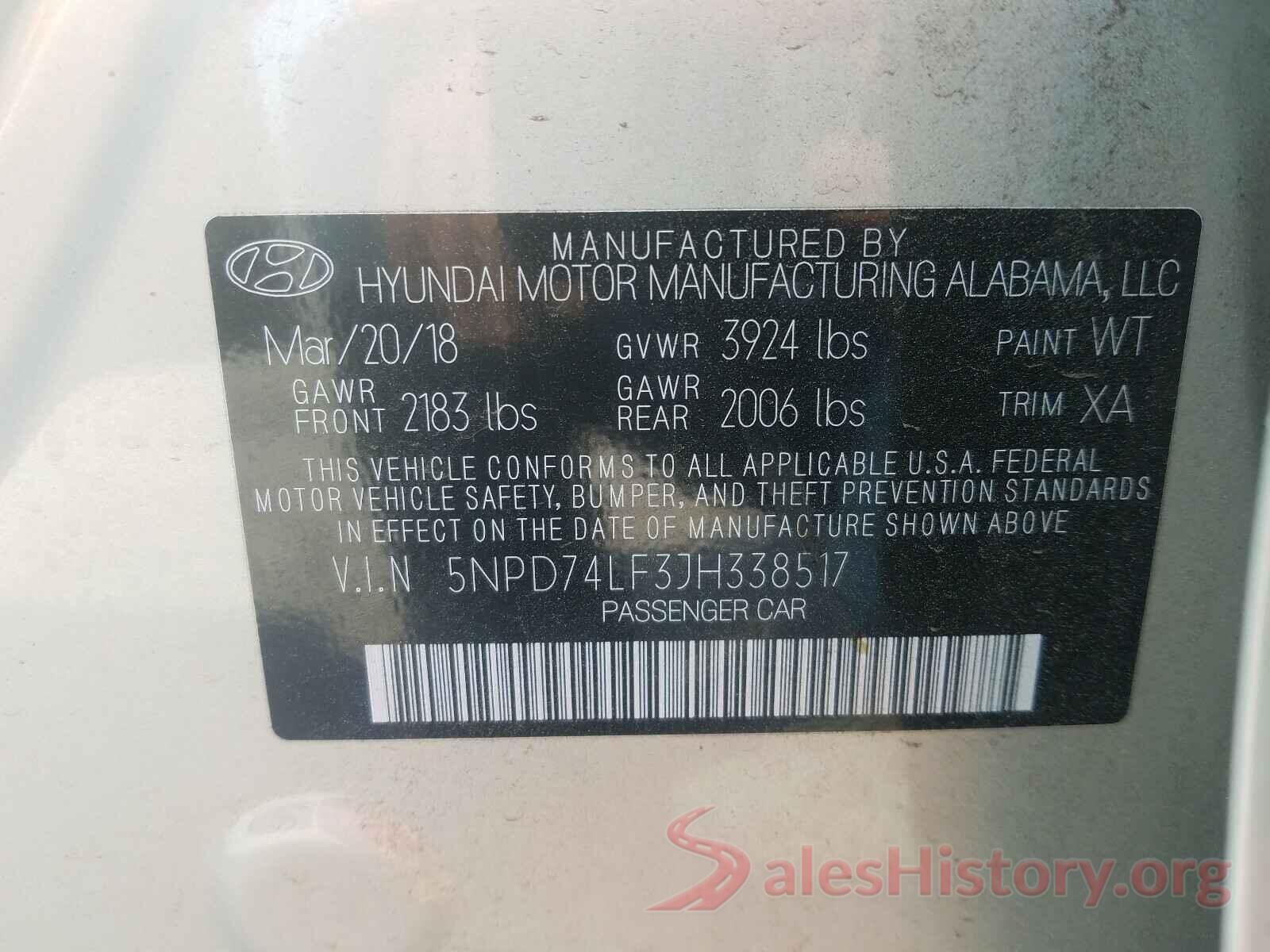 5NPD74LF3JH338517 2018 HYUNDAI ELANTRA