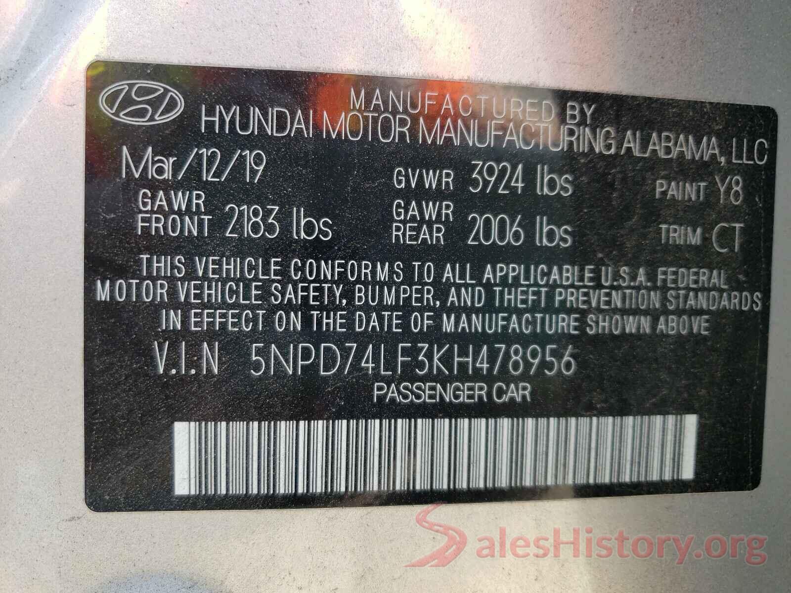 5NPD74LF3KH478956 2019 HYUNDAI ELANTRA