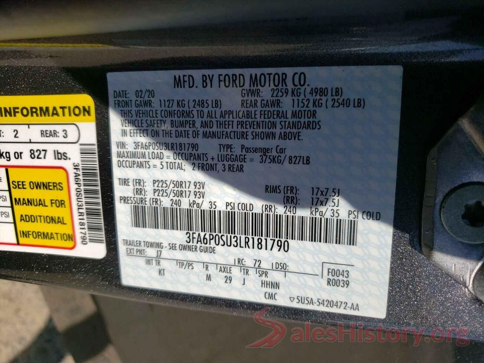 3FA6P0SU3LR181790 2020 FORD FUSION