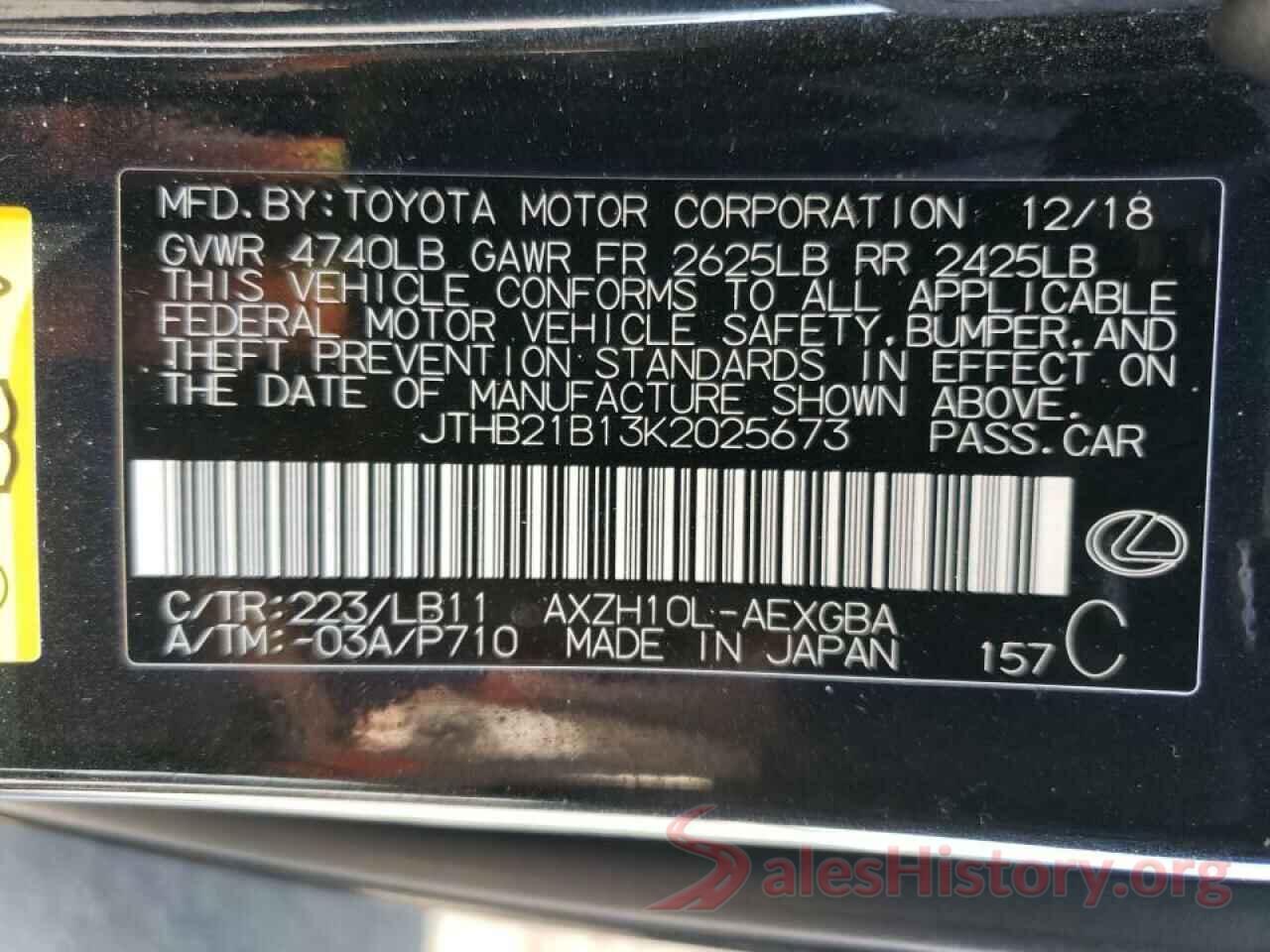 JTHB21B13K2025673 2019 LEXUS ES300