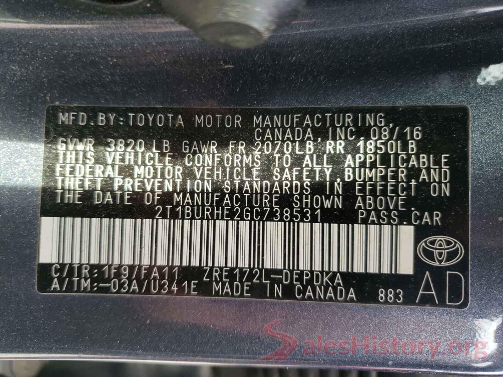 2T1BURHE2GC738531 2016 TOYOTA COROLLA