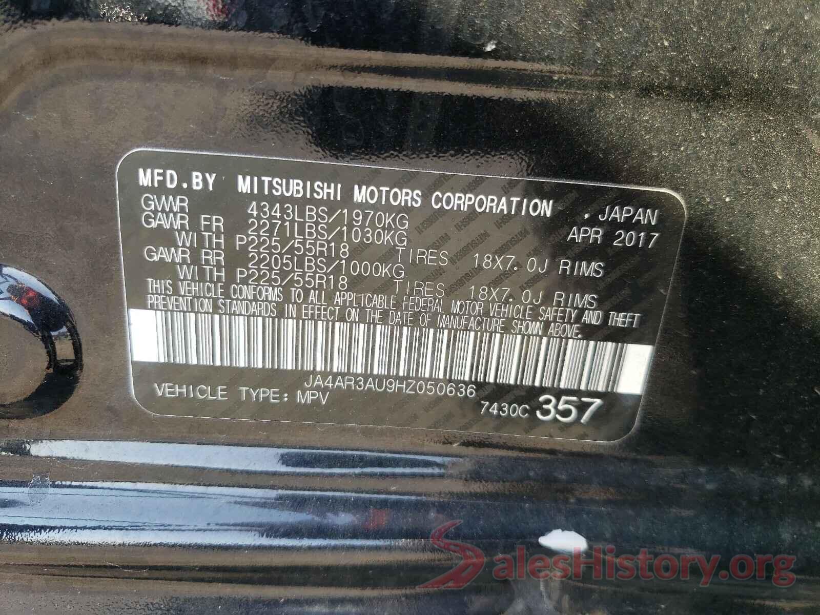 JA4AR3AU9HZ050636 2017 MITSUBISHI OUTLANDER