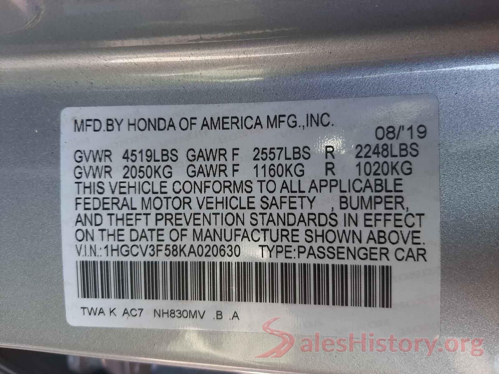 1HGCV3F58KA020630 2019 HONDA ACCORD