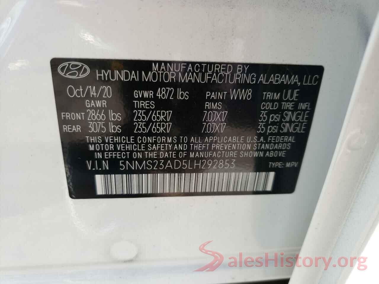 5NMS23AD5LH292853 2020 HYUNDAI SANTA FE