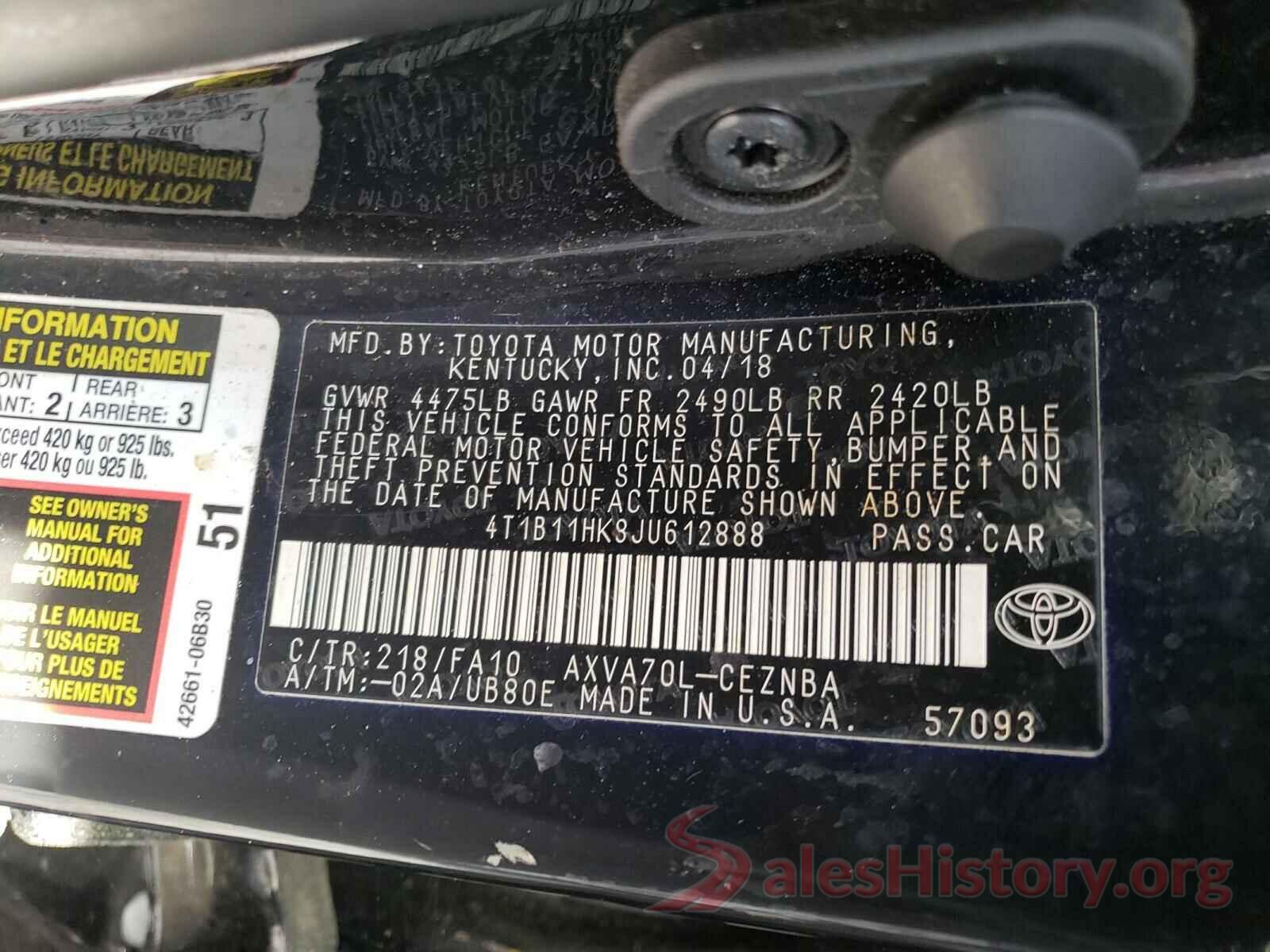 4T1B11HK8JU612888 2018 TOYOTA CAMRY