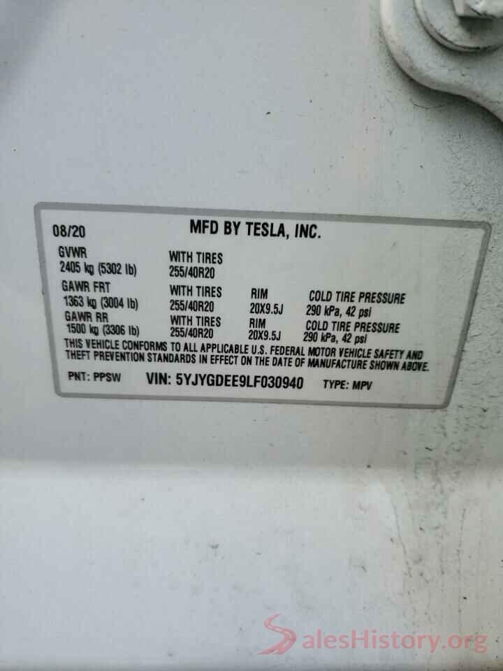 5YJYGDEE9LF030940 2020 TESLA MODEL Y