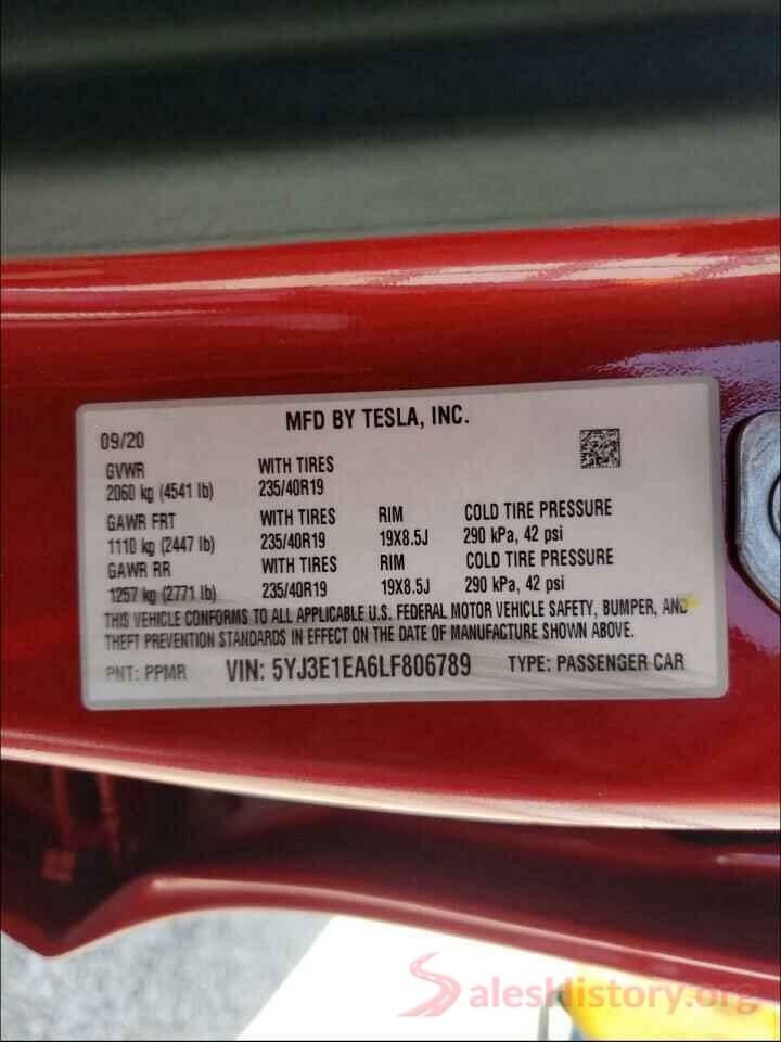 5YJ3E1EA6LF806789 2020 TESLA MODEL 3