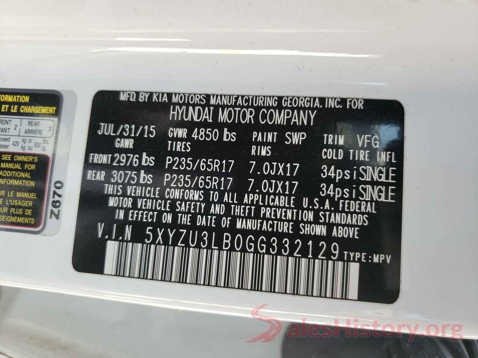 5XYZU3LB0GG332129 2016 HYUNDAI SANTA FE