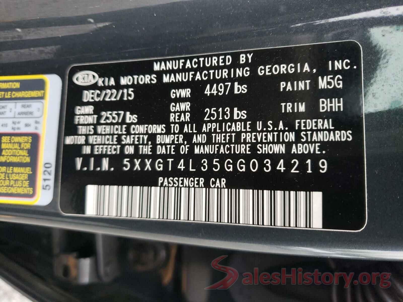 5XXGT4L35GG034219 2016 KIA OPTIMA