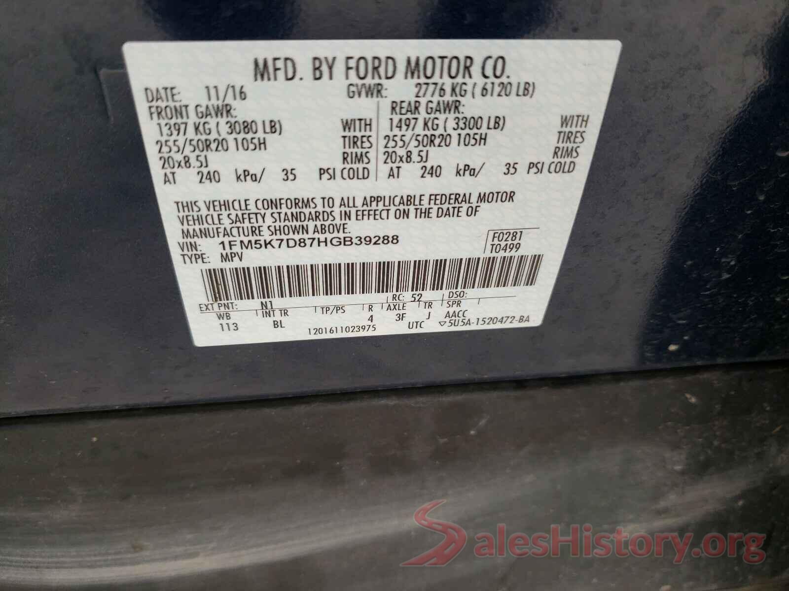 1FM5K7D87HGB39288 2017 FORD EXPLORER