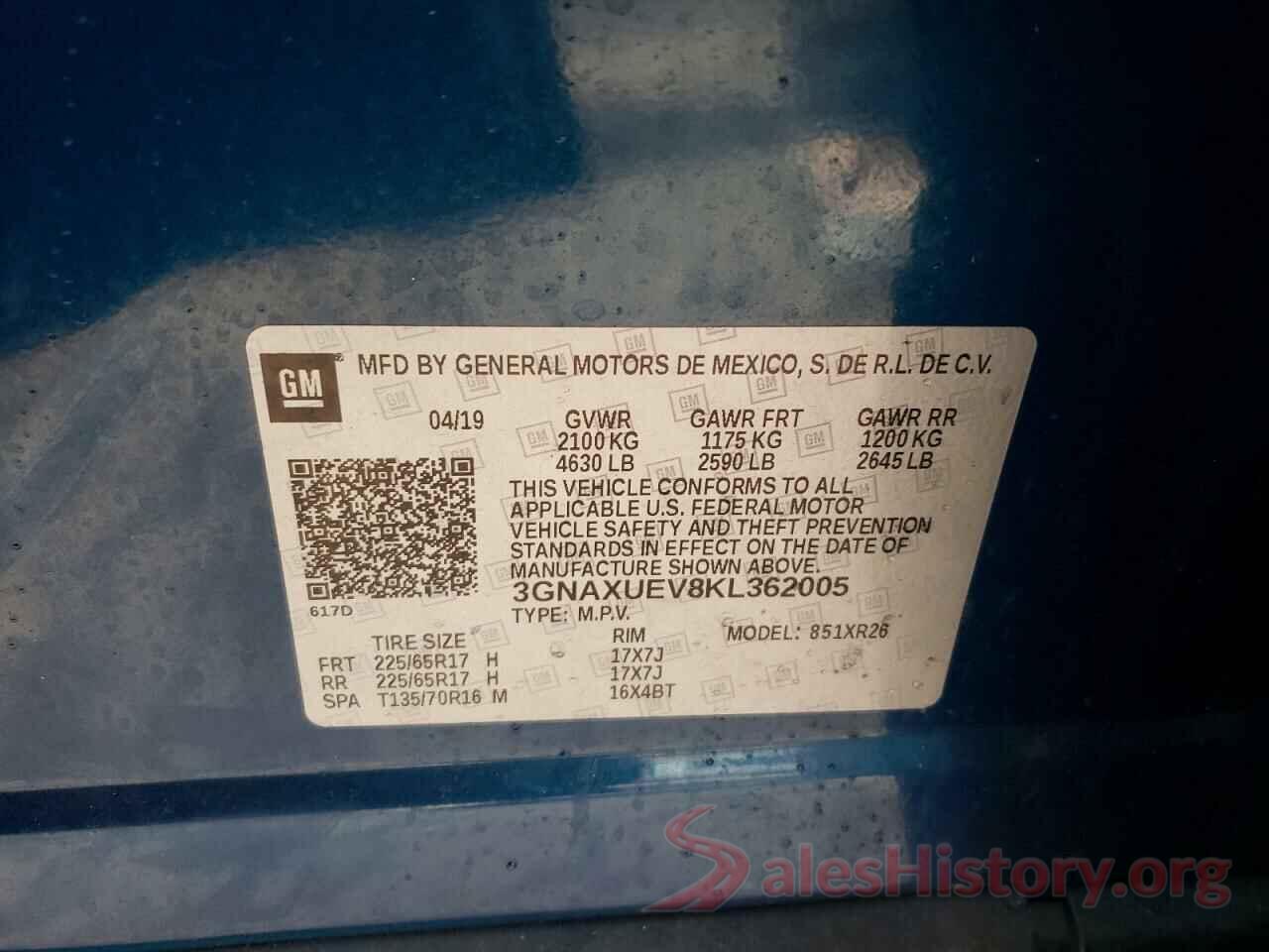 3GNAXUEV8KL362005 2019 CHEVROLET EQUINOX