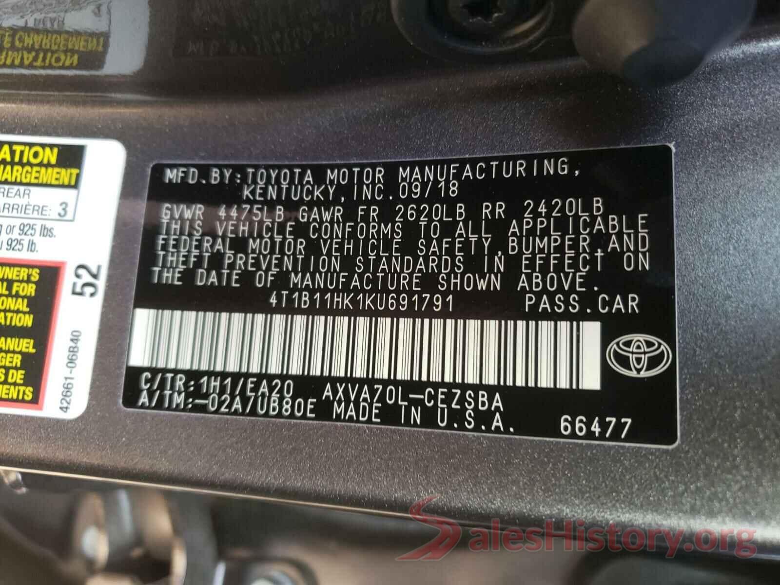 4T1B11HK1KU691791 2019 TOYOTA CAMRY