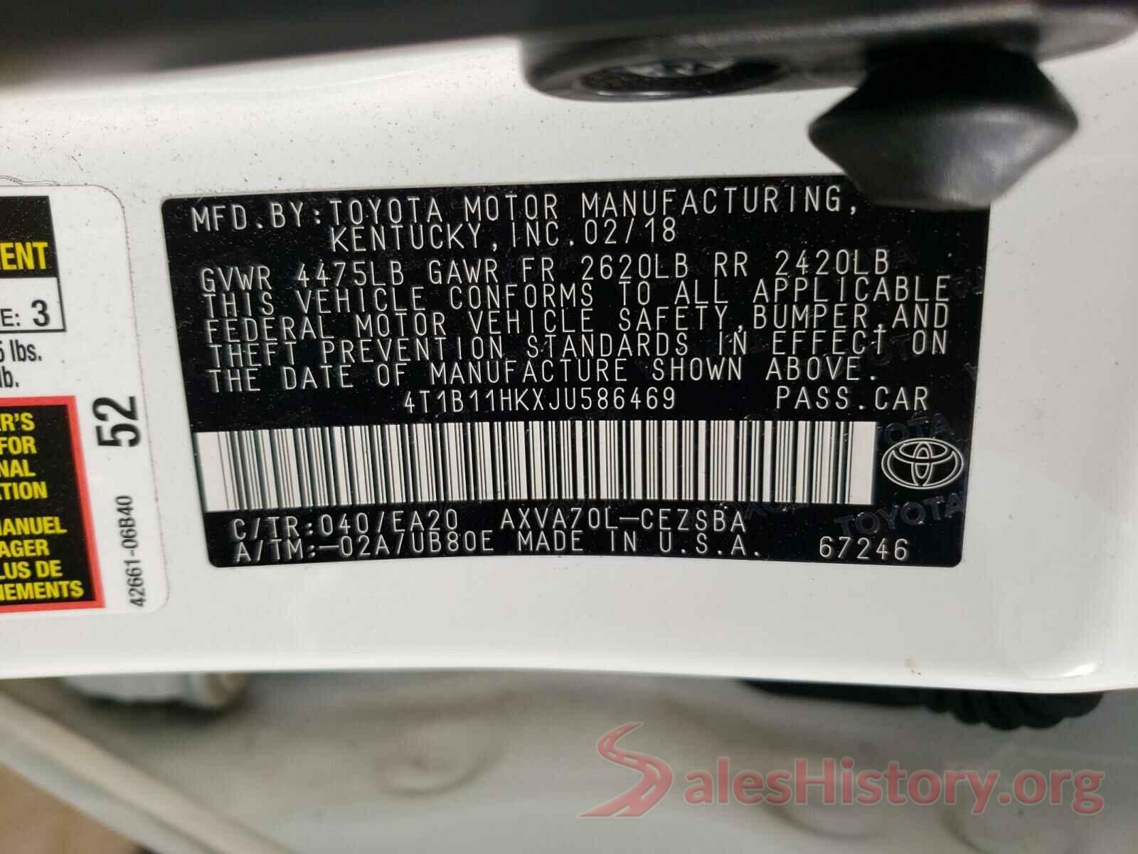 4T1B11HKXJU586469 2018 TOYOTA CAMRY