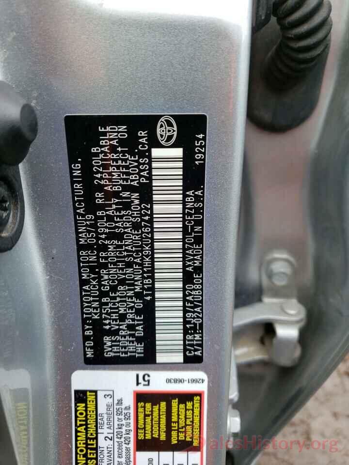 4T1B11HK9KU267422 2019 TOYOTA CAMRY