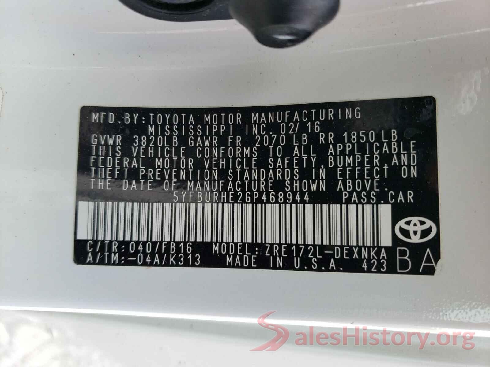 5YFBURHE2GP468944 2016 TOYOTA COROLLA