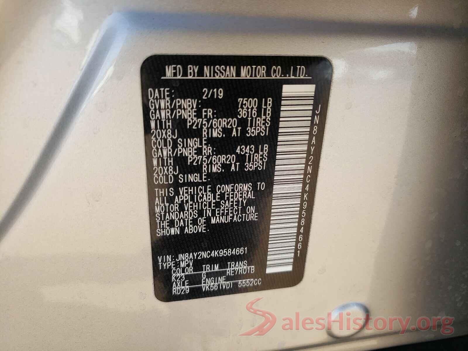 JN8AY2NC4K9584661 2019 NISSAN ARMADA