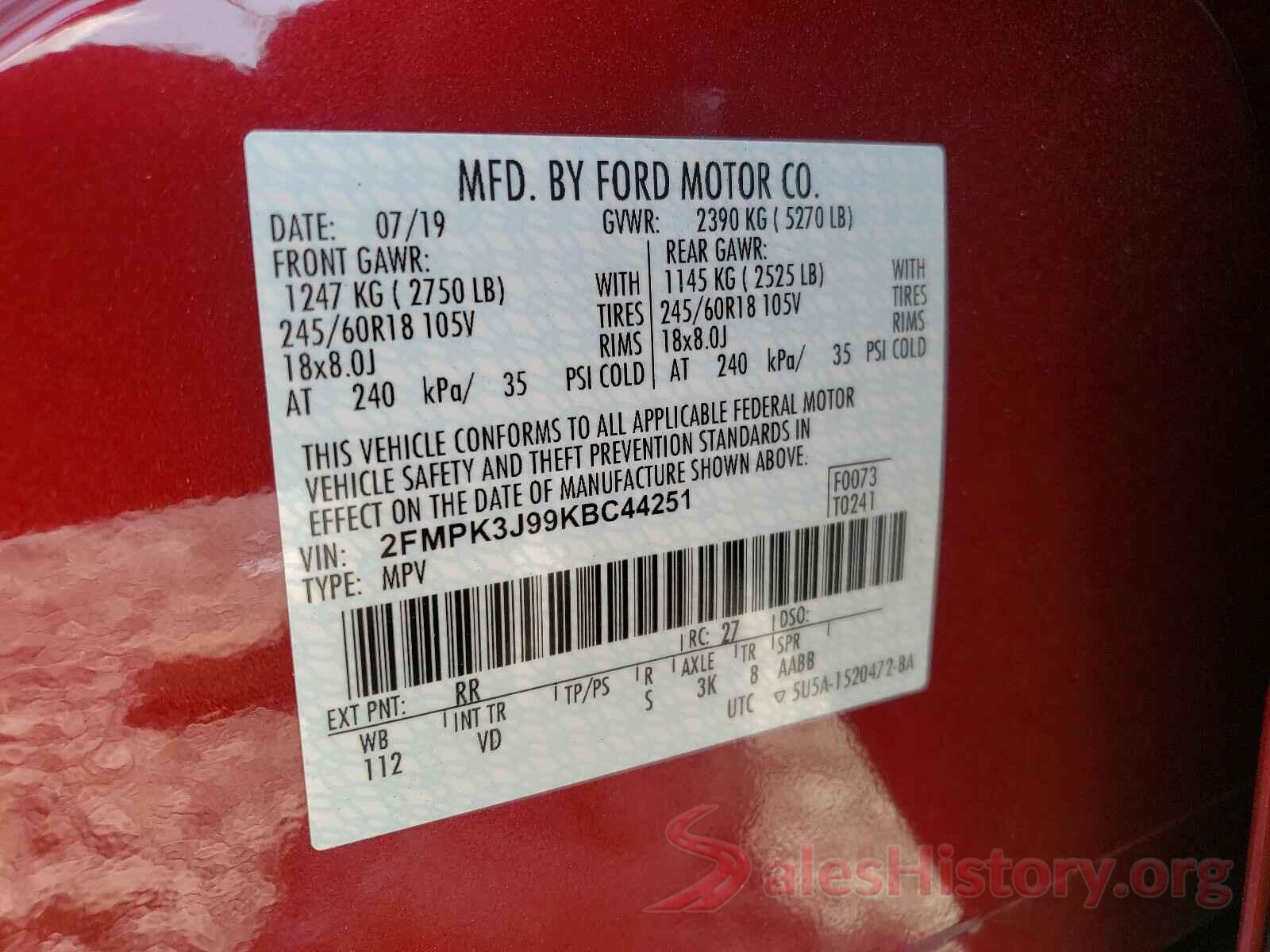 2FMPK3J99KBC44251 2019 FORD EDGE