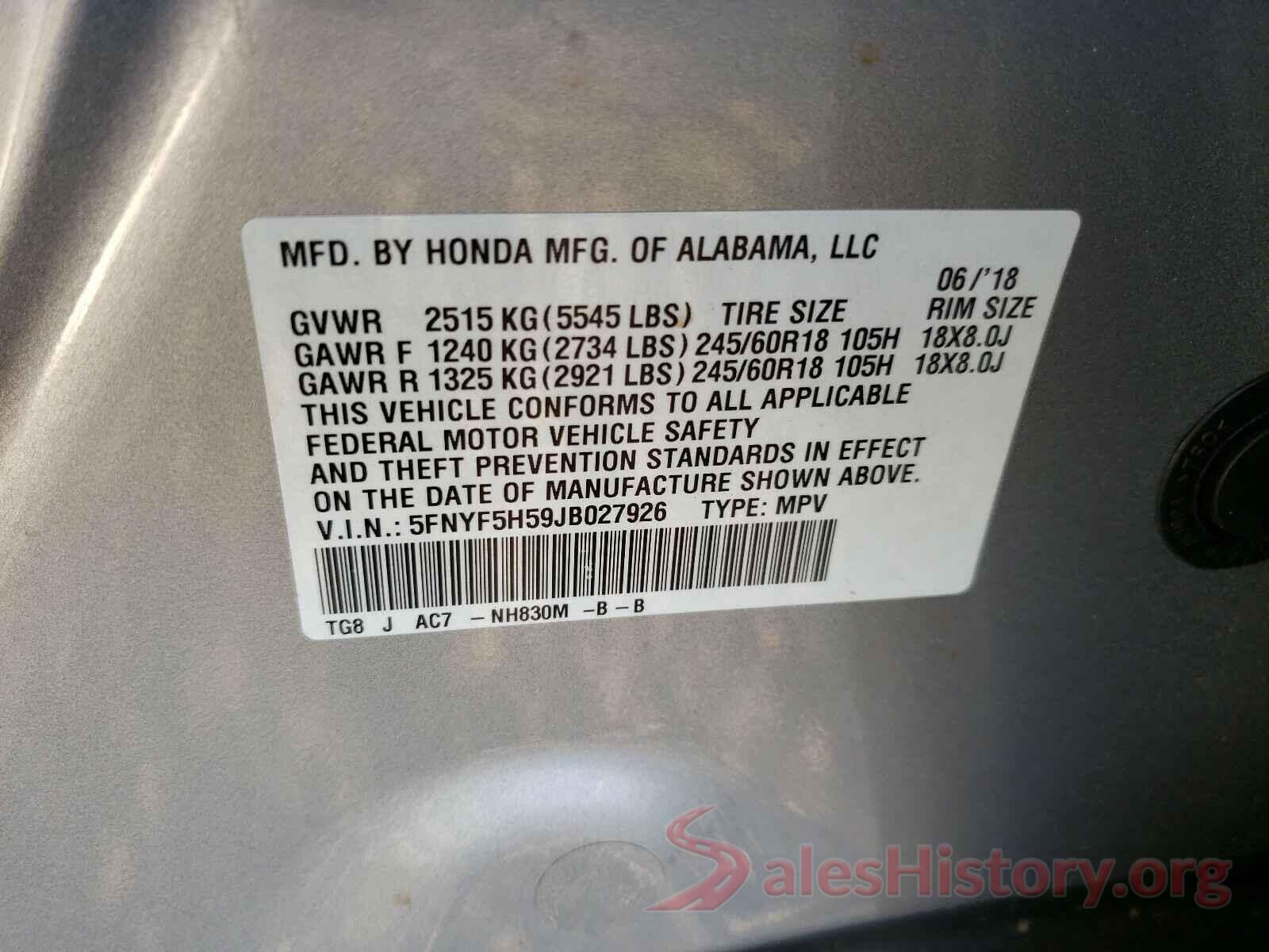 5FNYF5H59JB027926 2018 HONDA PILOT