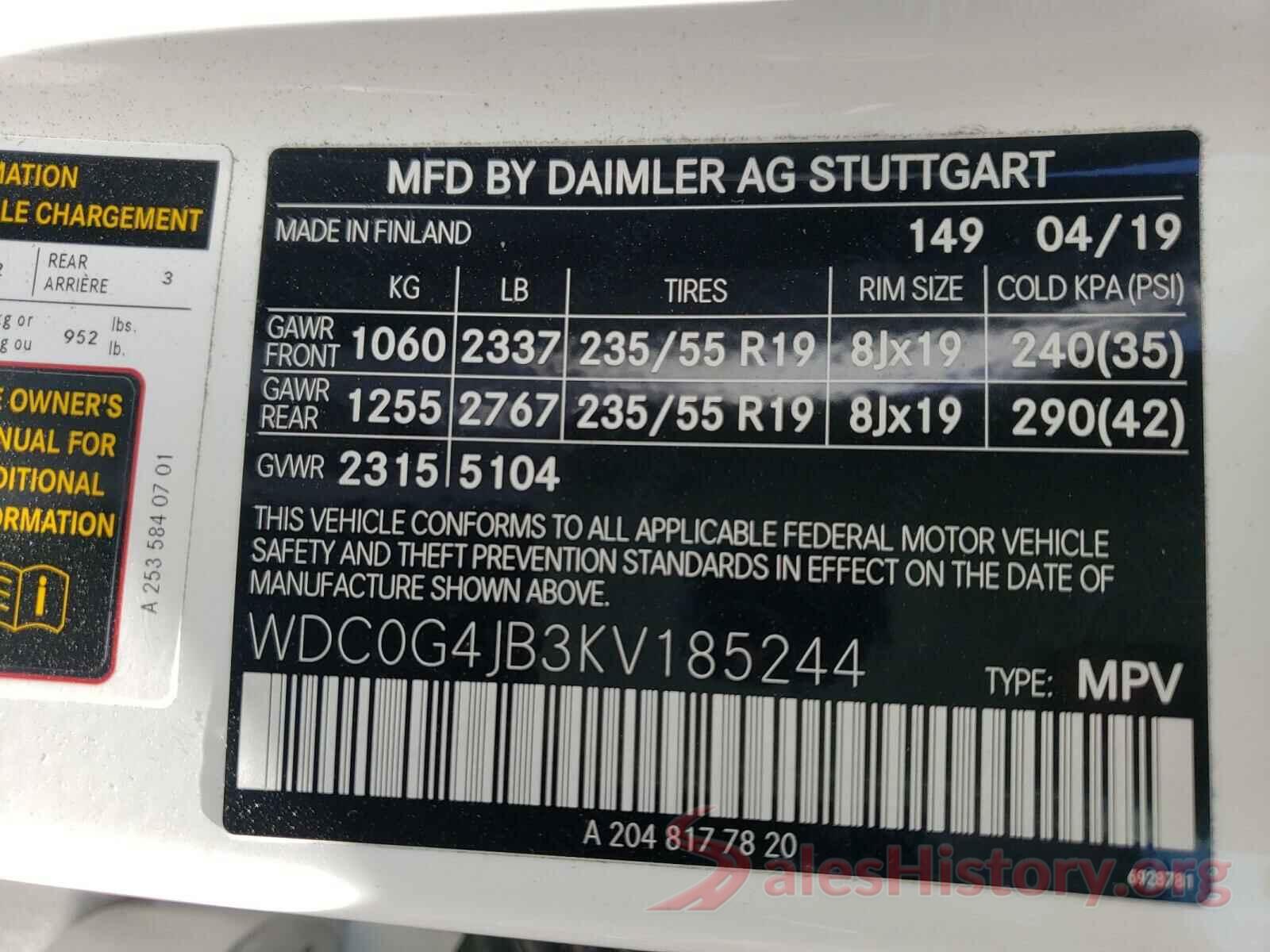 WDC0G4JB3KV185244 2019 MERCEDES-BENZ G CLASS