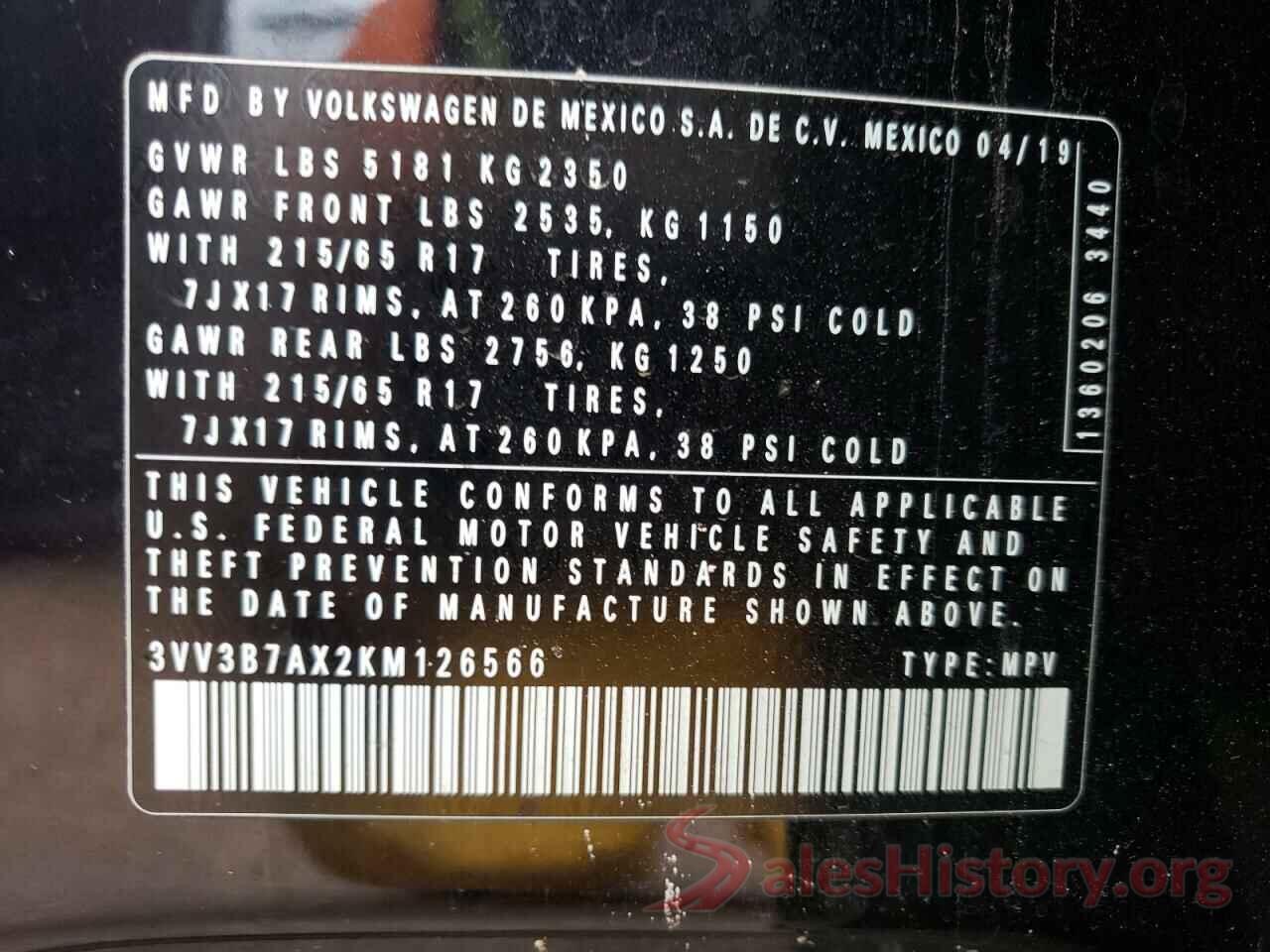 3VV3B7AX2KM126566 2019 VOLKSWAGEN TIGUAN