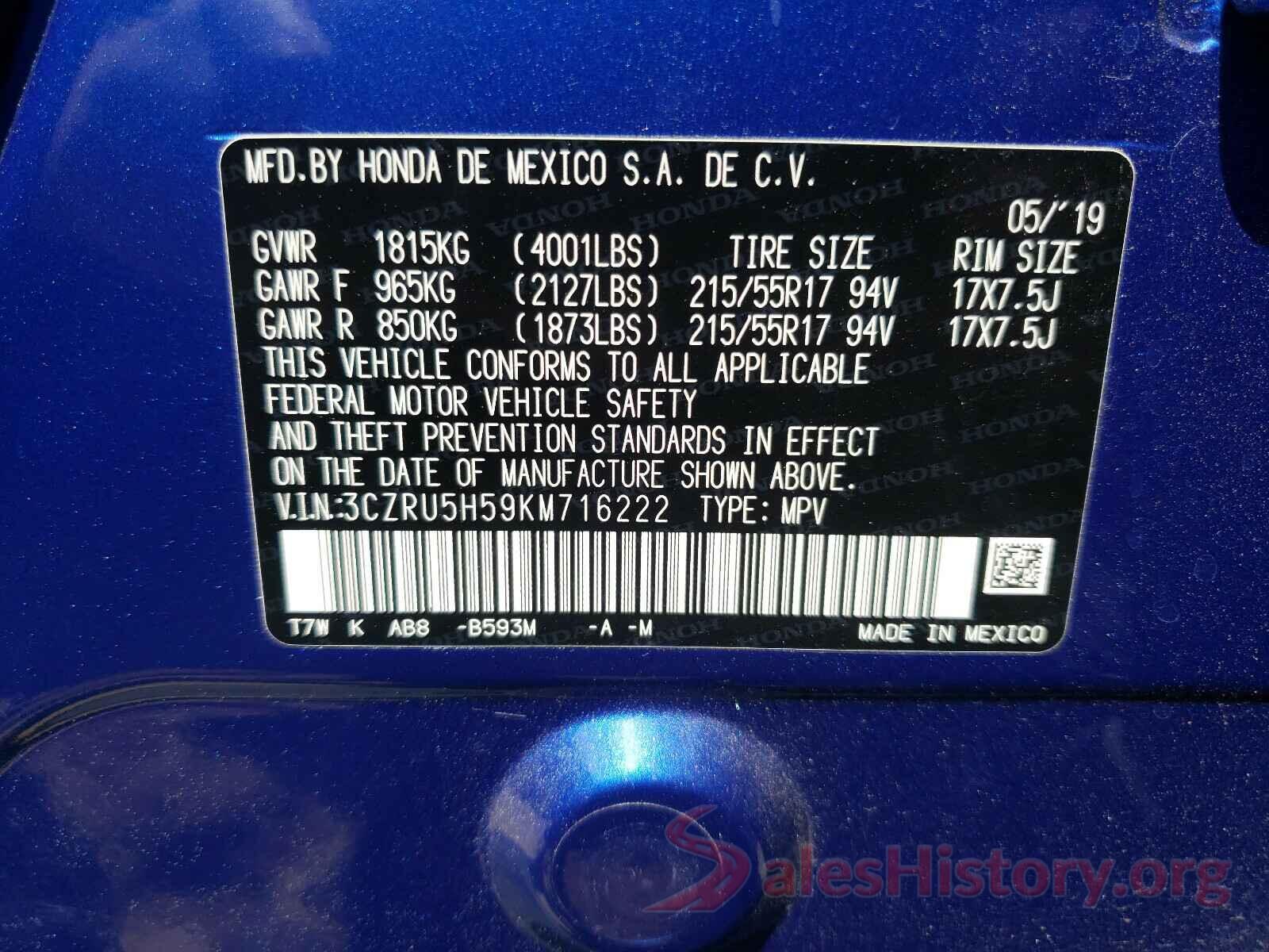 3CZRU5H59KM716222 2019 HONDA HR-V