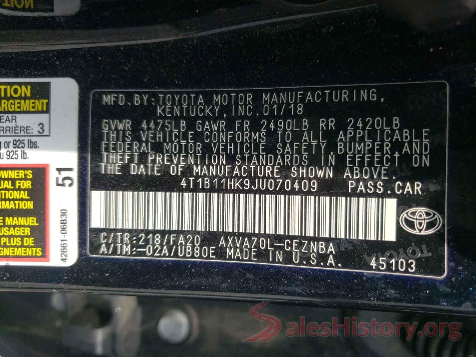 4T1B11HK9JU070409 2018 TOYOTA CAMRY