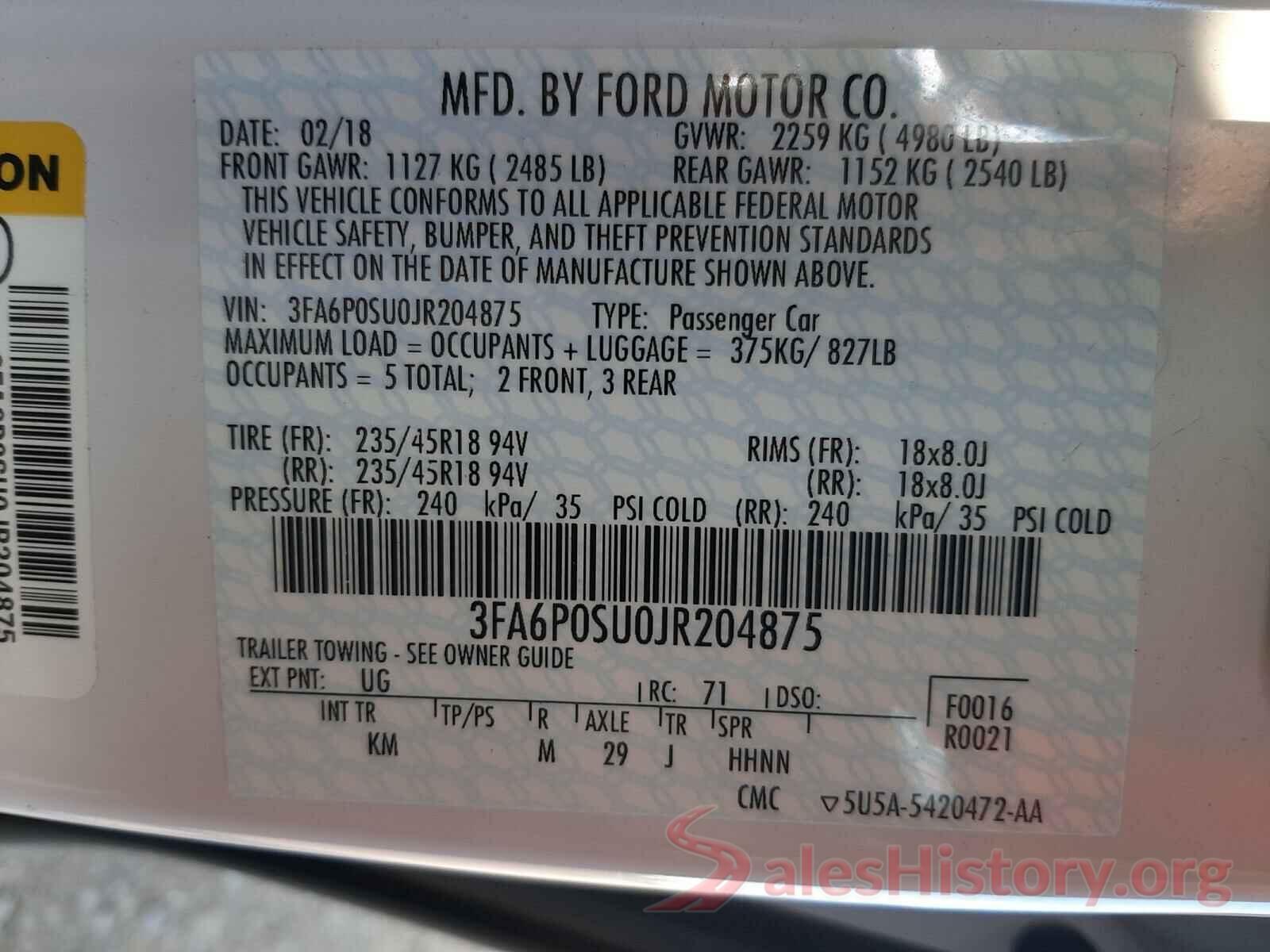 3FA6P0SU0JR204875 2018 FORD FUSION