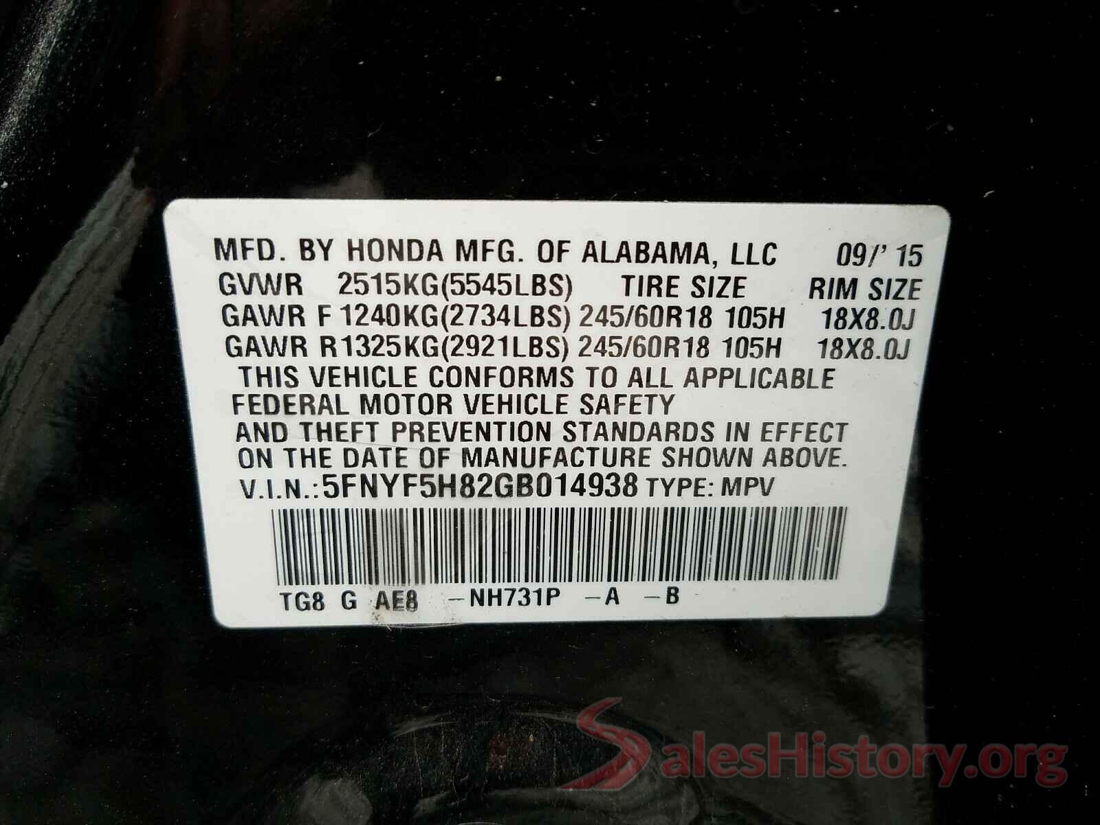 5FNYF5H82GB014938 2016 HONDA PILOT