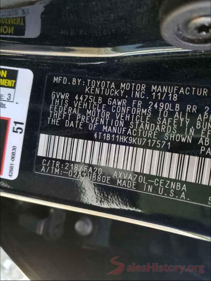 4T1B11HK9KU717571 2019 TOYOTA CAMRY