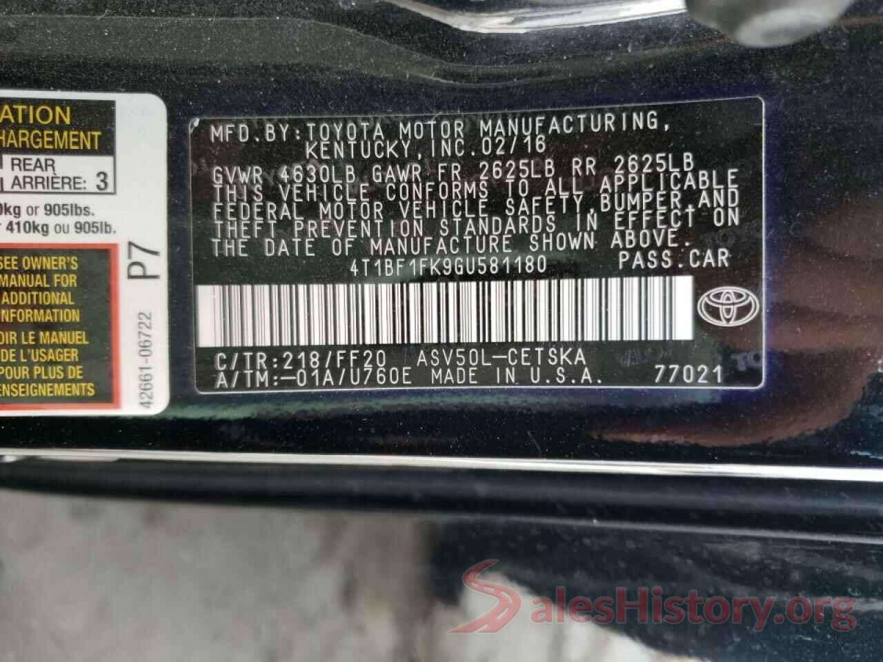 4T1BF1FK9GU581180 2016 TOYOTA CAMRY