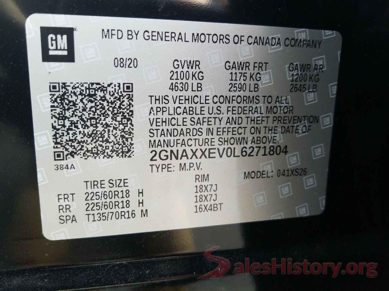 2GNAXXEV0L6271804 2020 CHEVROLET EQUINOX