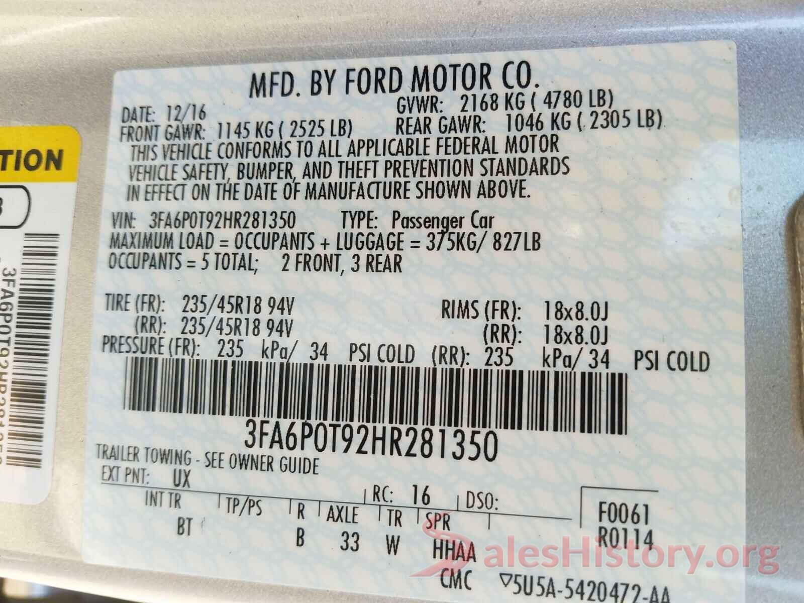 3FA6P0T92HR281350 2017 FORD FUSION