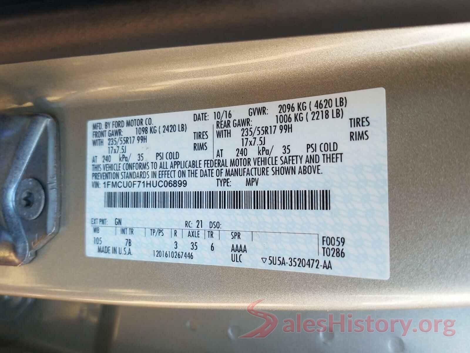 1FMCU0F71HUC06899 2017 FORD ESCAPE