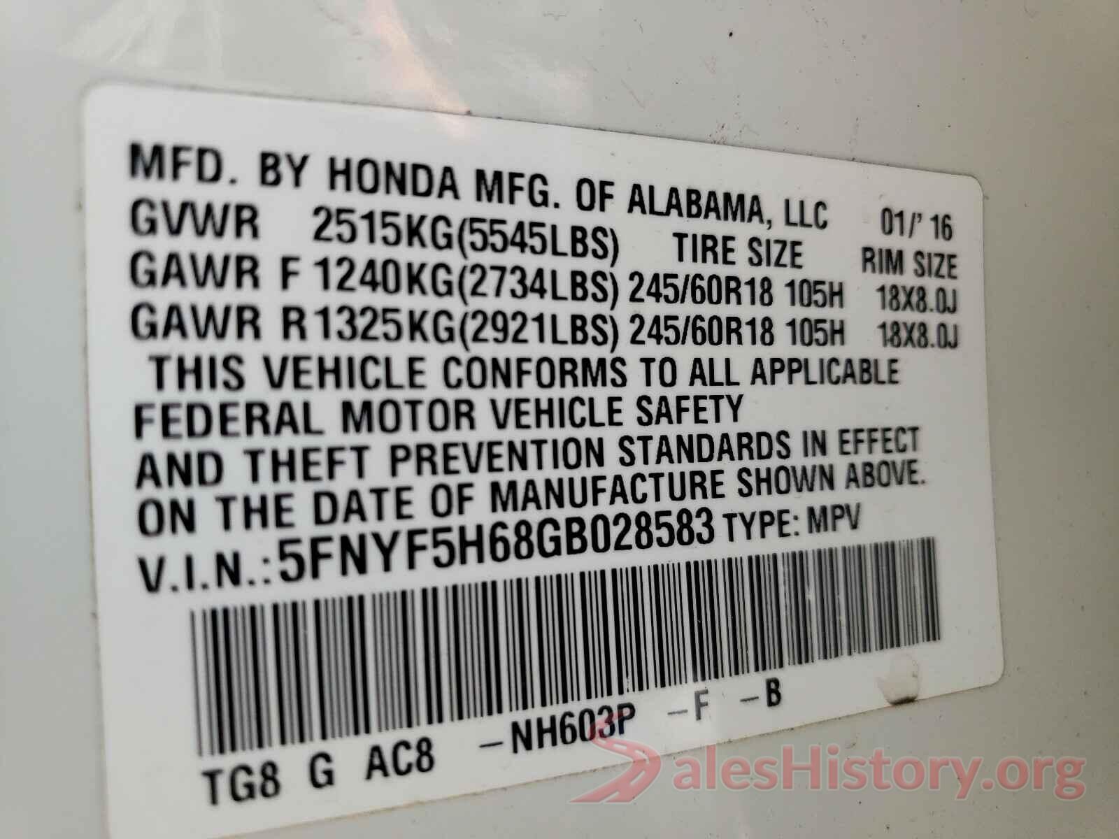 5FNYF5H68GB028583 2016 HONDA PILOT