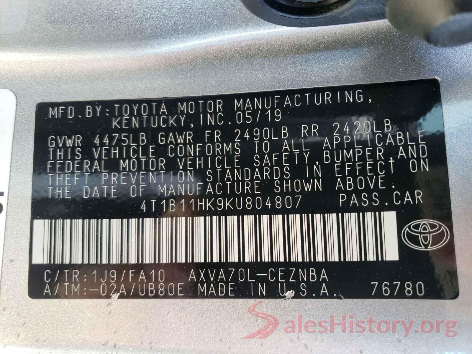 4T1B11HK9KU804807 2019 TOYOTA CAMRY