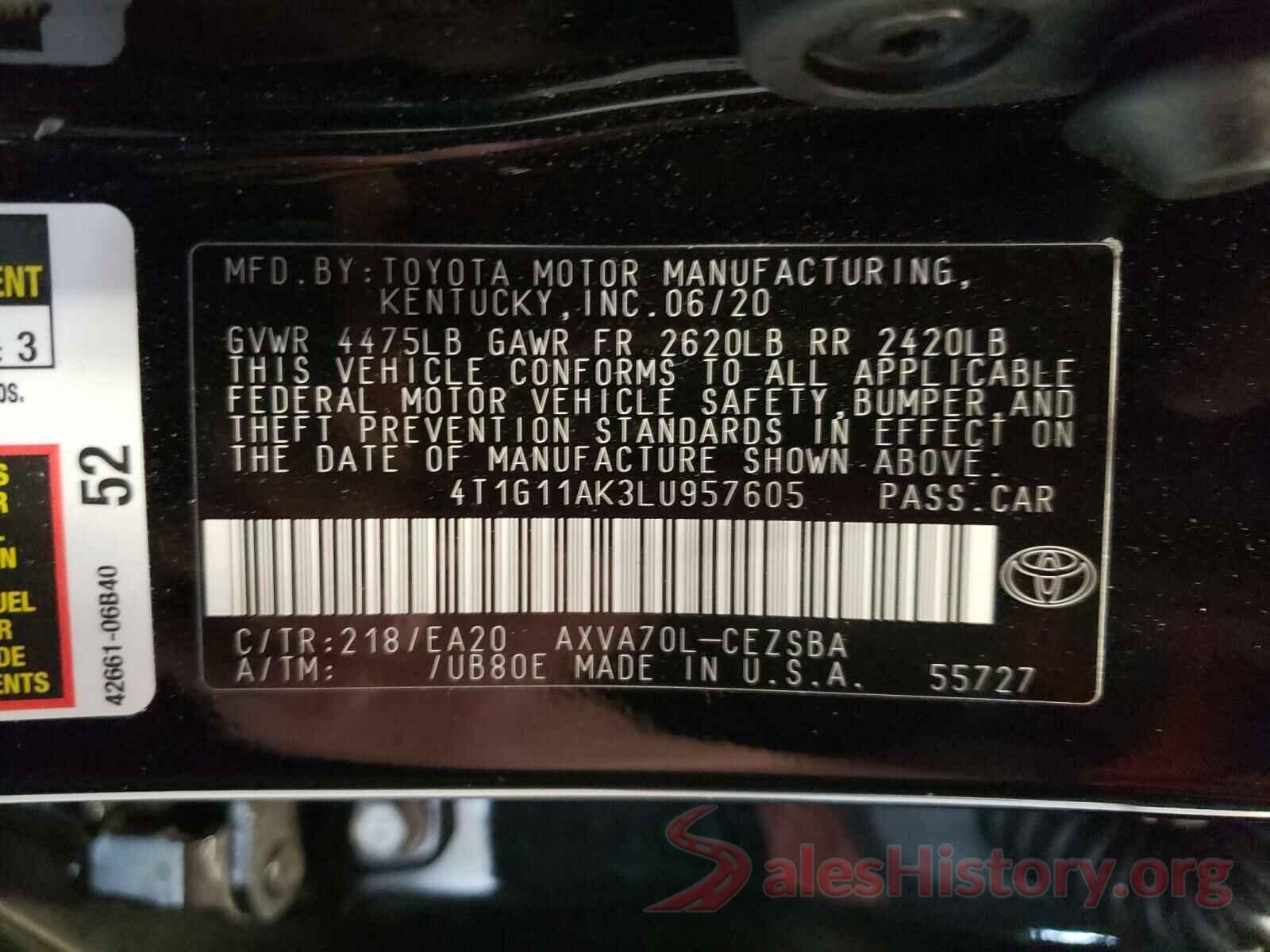 4T1G11AK3LU957605 2020 TOYOTA CAMRY