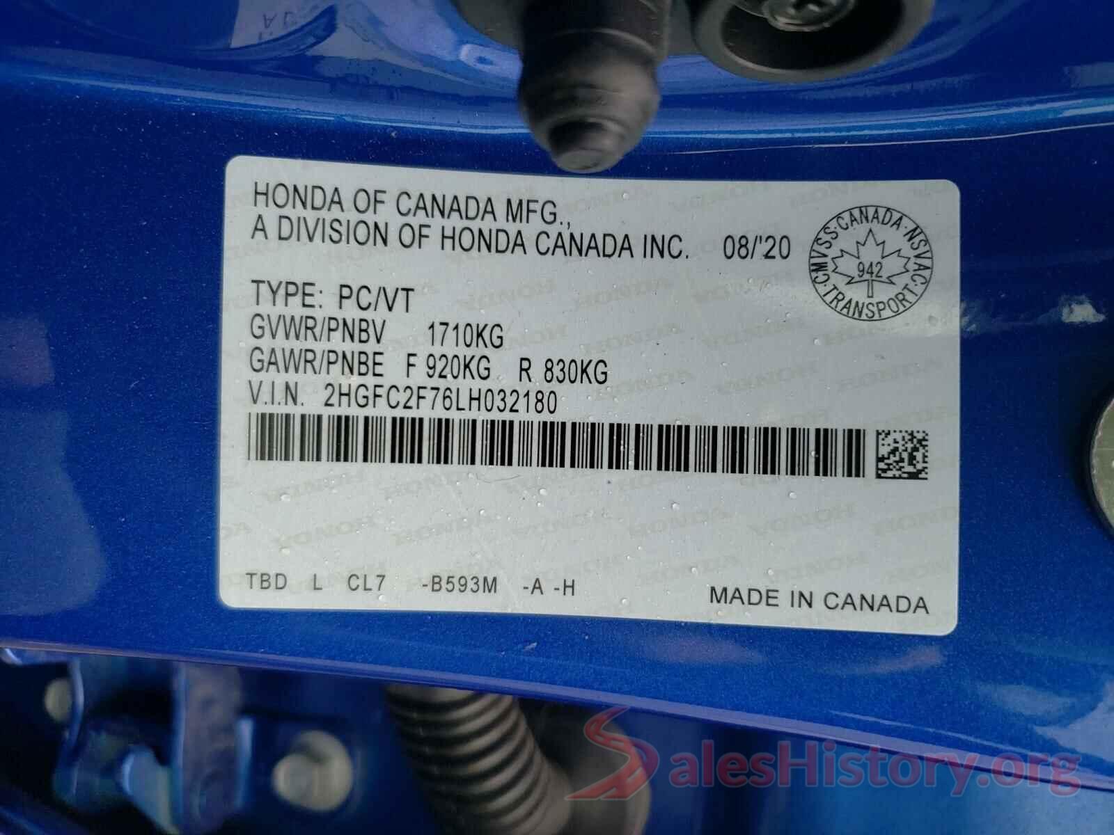 2HGFC2F76LH032180 2020 HONDA CIVIC