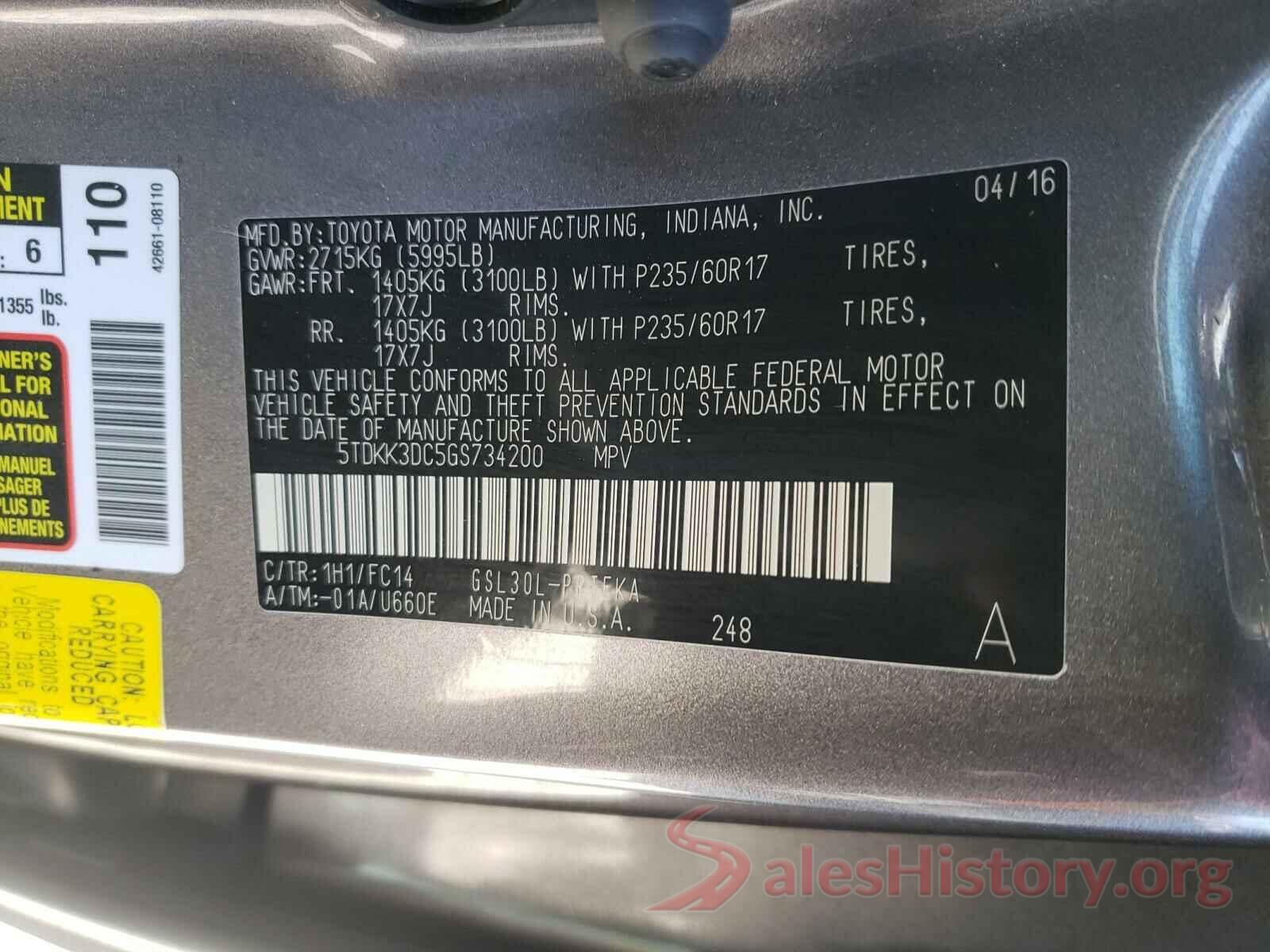 5TDKK3DC5GS734200 2016 TOYOTA SIENNA