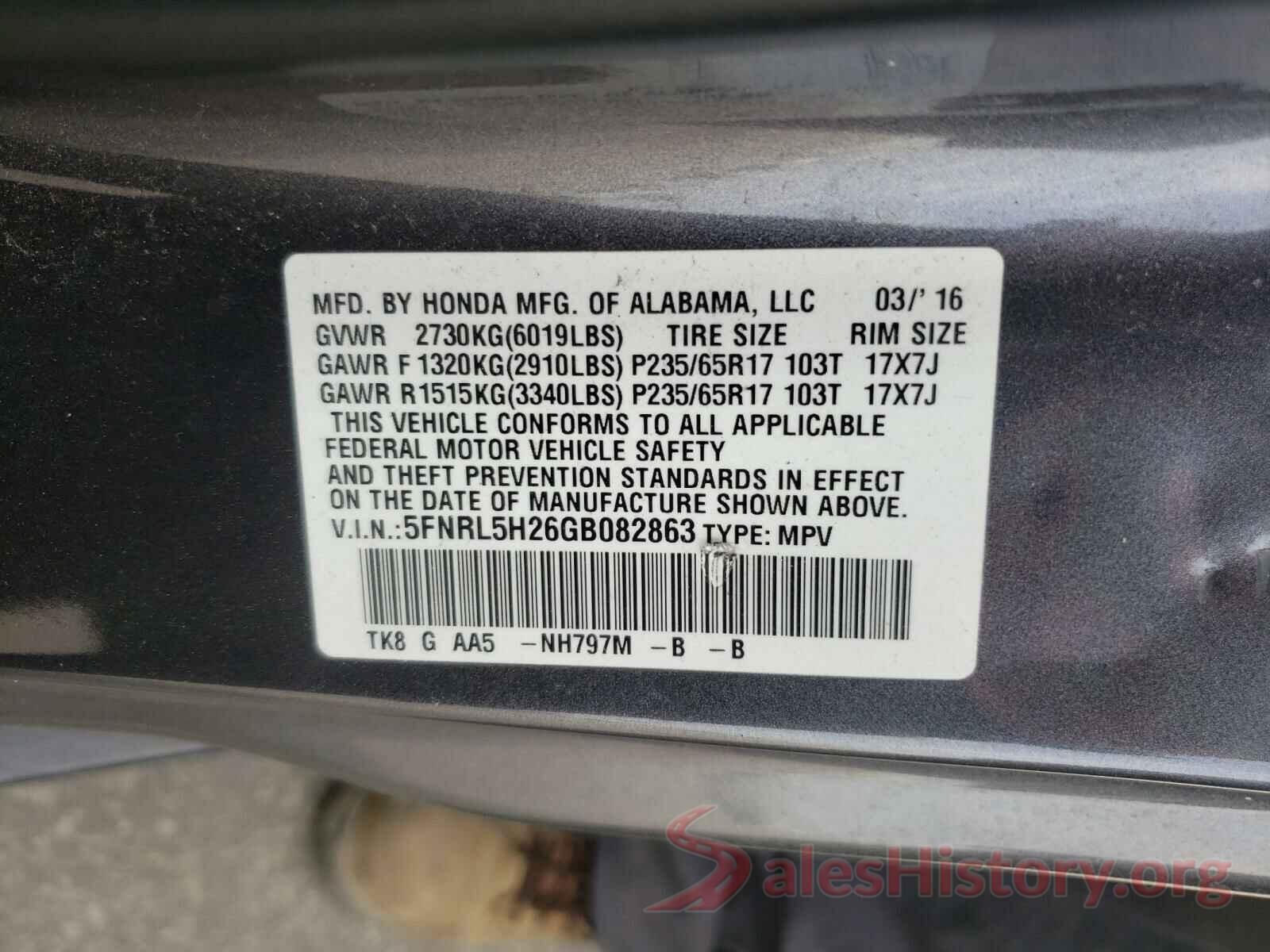 5FNRL5H26GB082863 2016 HONDA ODYSSEY