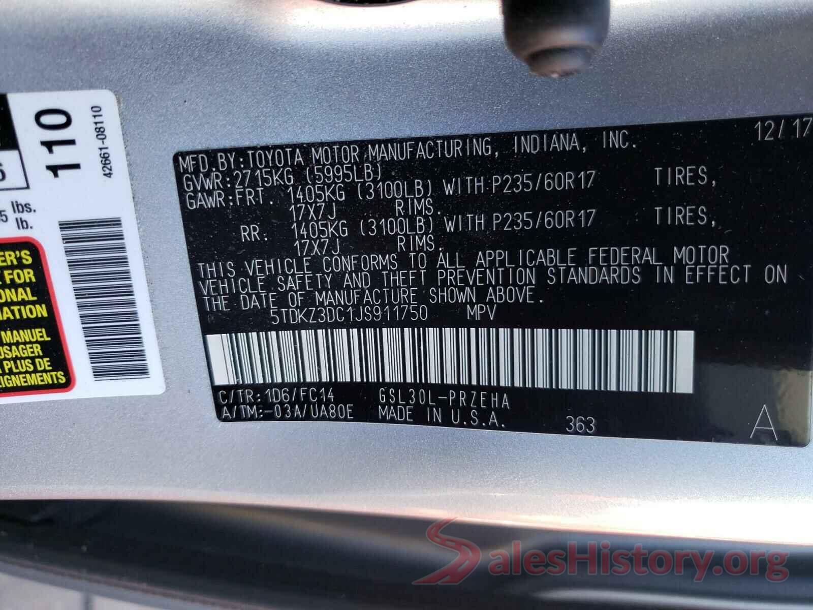 5TDKZ3DC1JS911750 2018 TOYOTA SIENNA