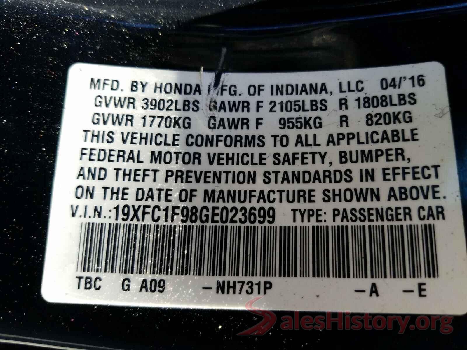 19XFC1F98GE023699 2016 HONDA CIVIC