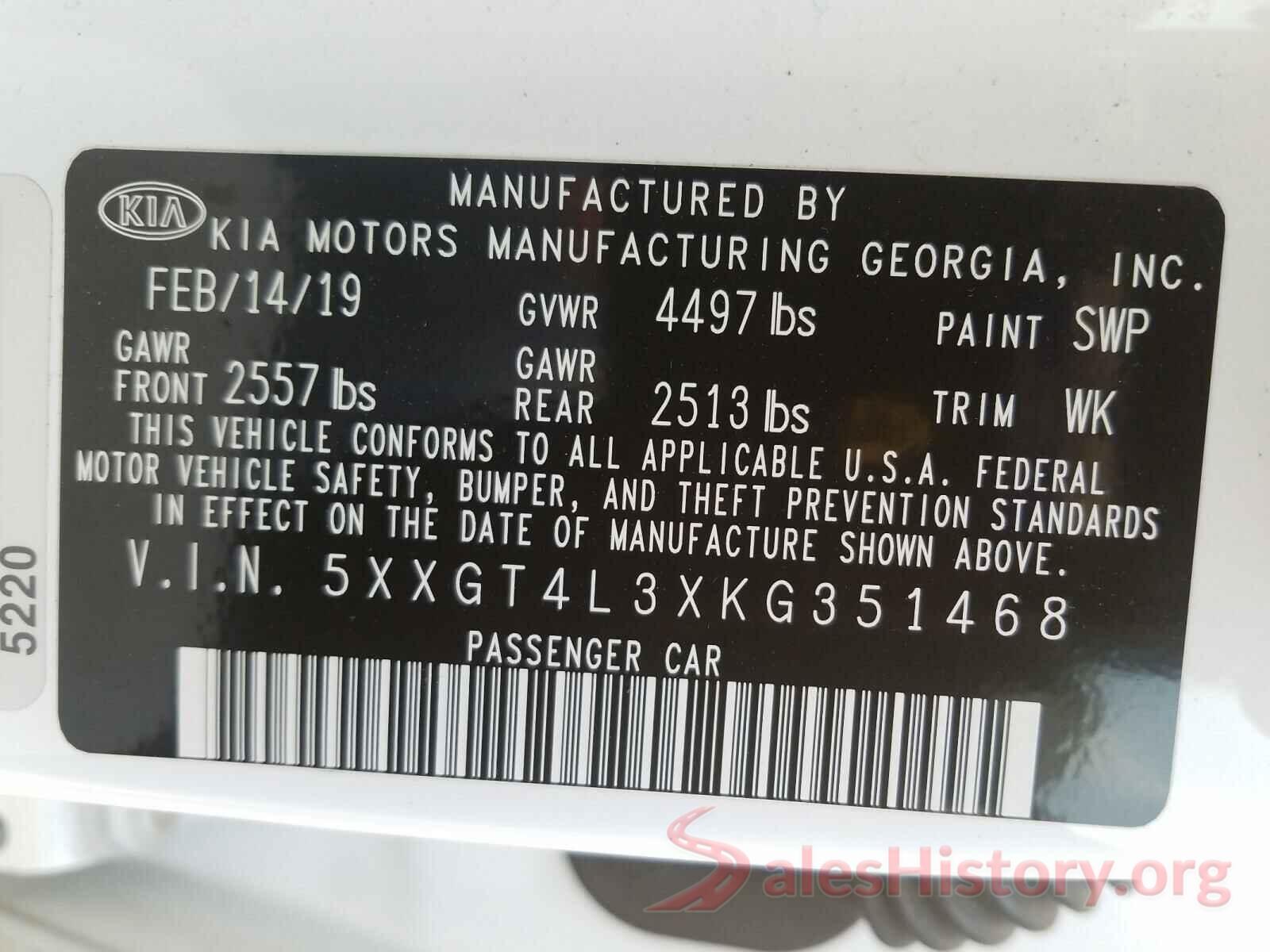 5XXGT4L3XKG351468 2019 KIA OPTIMA