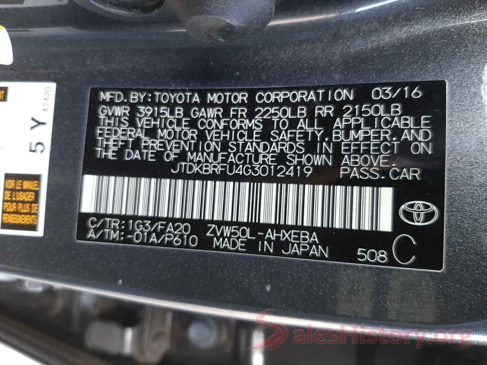 JTDKBRFU4G3012419 2016 TOYOTA PRIUS