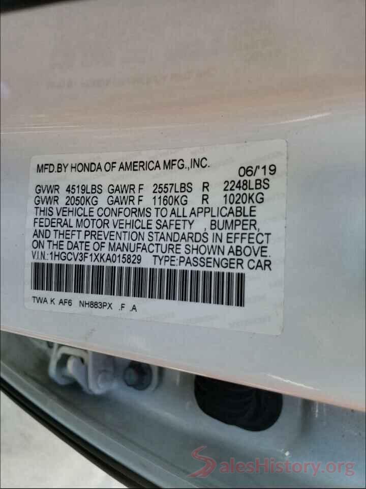 1HGCV3F1XKA015829 2019 HONDA ACCORD