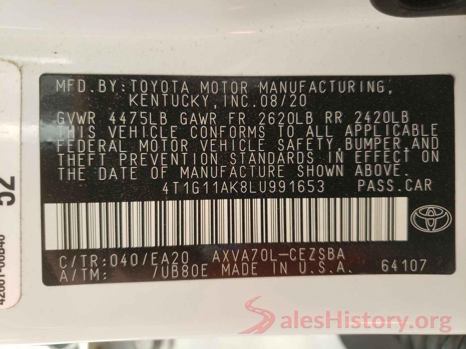 4T1G11AK8LU991653 2020 TOYOTA CAMRY