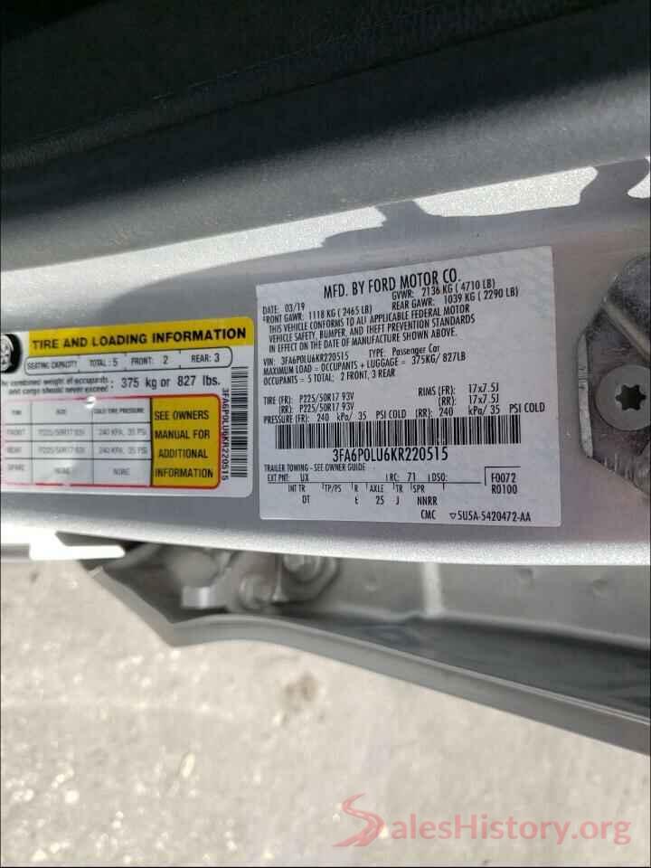 3FA6P0LU6KR220515 2019 FORD FUSION